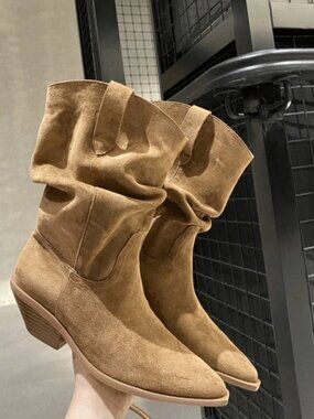 Brown Western Women's  Pointed Toe Style Chunky Heel  Slip-On Slouchy Boots